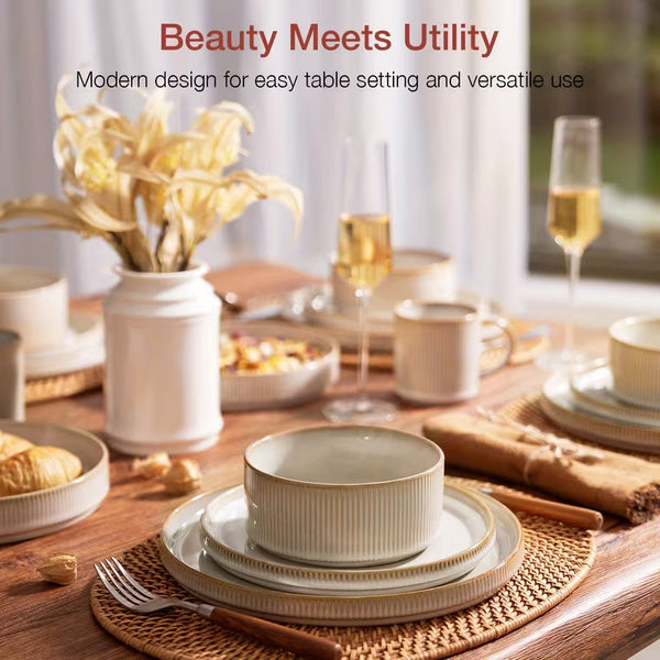 12-Piece Cappuccino White Stoneware Dinnerware Set