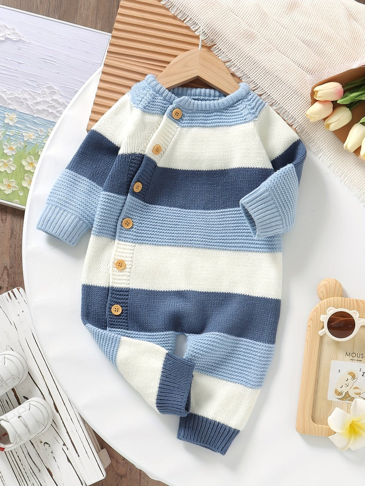 Infant Striped Knit Romper – Long Sleeve Fall/Winter Baby Jumpsuit, Buttoned Shoulder (Cozy One-Piece, Casual Style)
