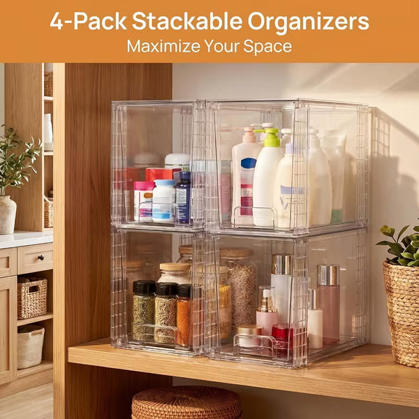 4-Pack Stackable Under Sink Storage Drawers – 9.7-Inch Plastic Organizers for Bathroom, Kitchen &amp; Vanity