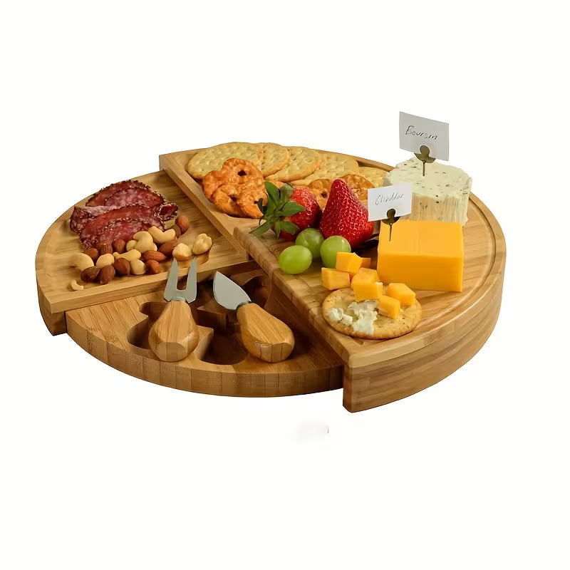 Bamboo Cheese Knife Set with Serving Platter – Natural Bamboo Cheese Board &amp; Fruit Snack Serving Tray