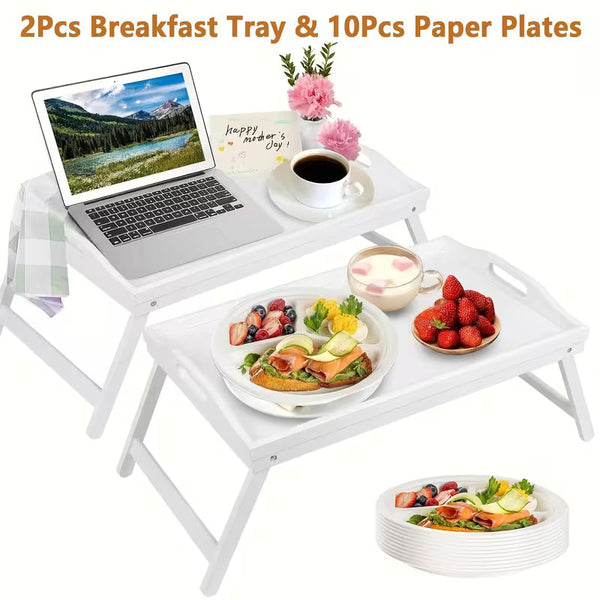 2-Pack Bamboo Breakfast Bed Trays with Folding Legs &amp; Handles – Extra-Wide Portable Serving Tables for Eating, Working &amp; Drawing