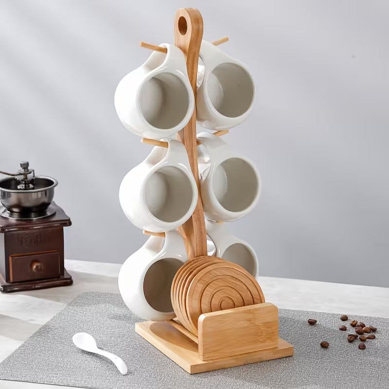 6-Piece Ceramic Coffee Cup Set with Wooden Coasters &amp; Stand – 200ML Espresso, Latte &amp; Cappuccino Mugs