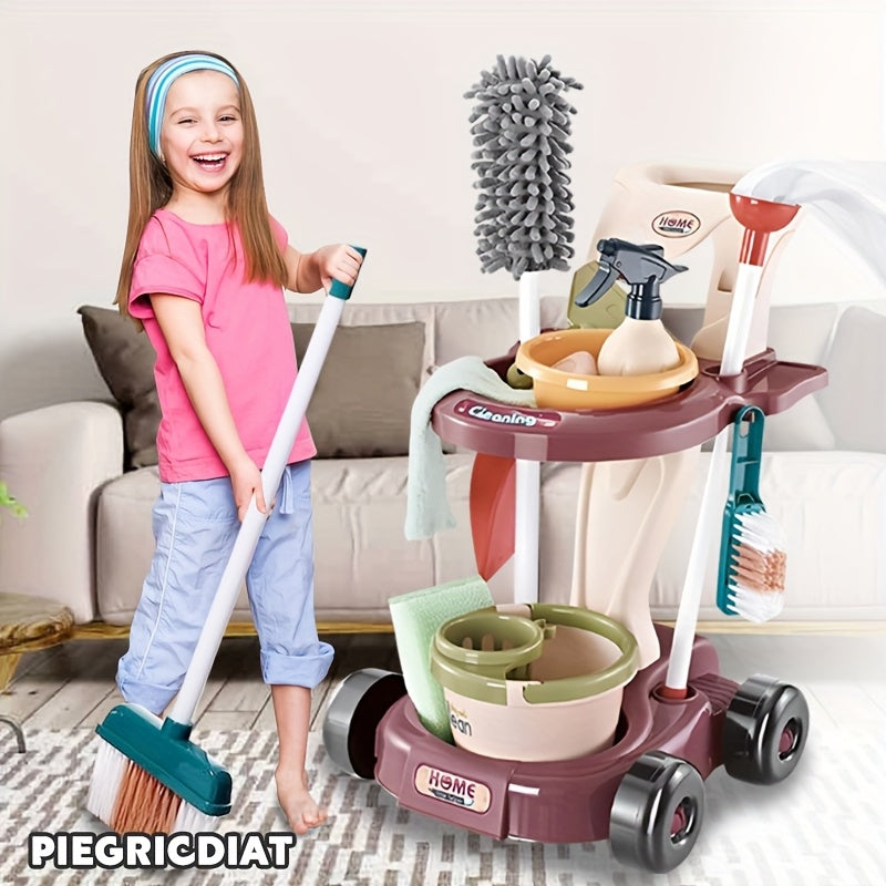 Kids Pretend Cleaning Toy Set – Broom, Mop, Dustpan, Brush, Bucket & Rolling Cleaning Cart