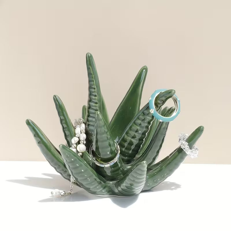 Aloe Vera Ceramic Jewelry Holder – Elegant Glossy Succulent-Shaped Jewelry Stand for Rings, Earrings &amp; Necklaces