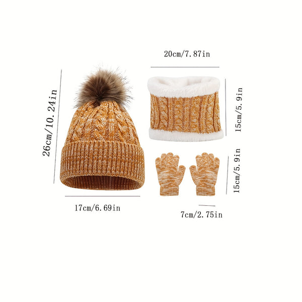 3-Piece Set – Children's Warm Hat, Scarf & Gloves – Autumn & Winter Plus Velvet, Mixed Color Knitted Set