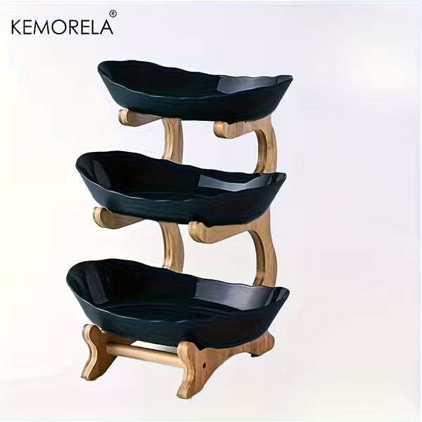 3-Tier Wooden Fruit &amp; Vegetable Basket with Wooden Legs – Multi-Level Kitchen Countertop Organizer for Fresh Produce &amp; Pantry Storage