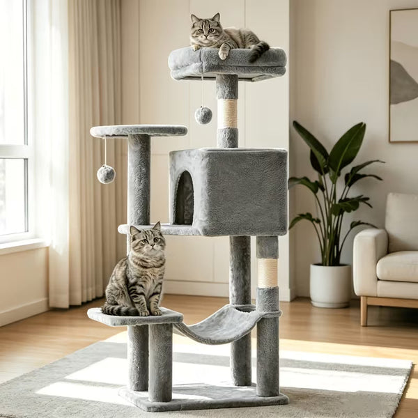 44-Inch Multi-Level Cat Tree with Natural Sisal Scratching Posts, Large Hammock & Enclosed