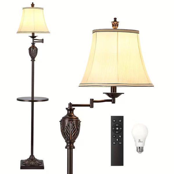 Traditional LED Floor Lamp with 350° Adjustable Swing Arm, Vintage Pole Design & Fabric Lampshade