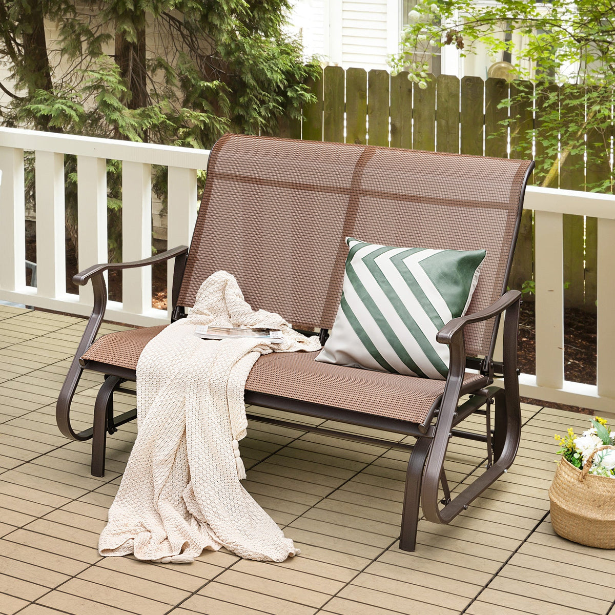 2-Person Patio Glider Bench with High Back - Brown