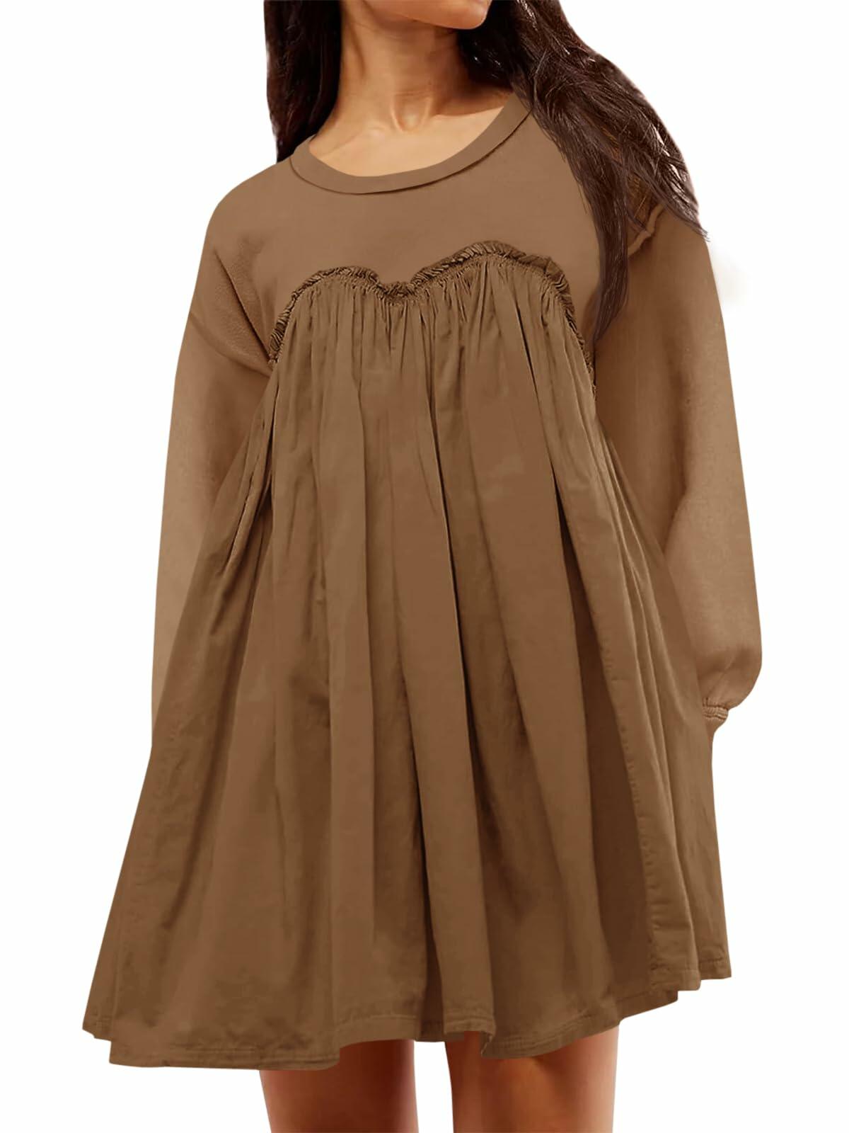 Wenrine Womens Long Sleeve Patchwork Sweatshirt Dress Mini Coffee M