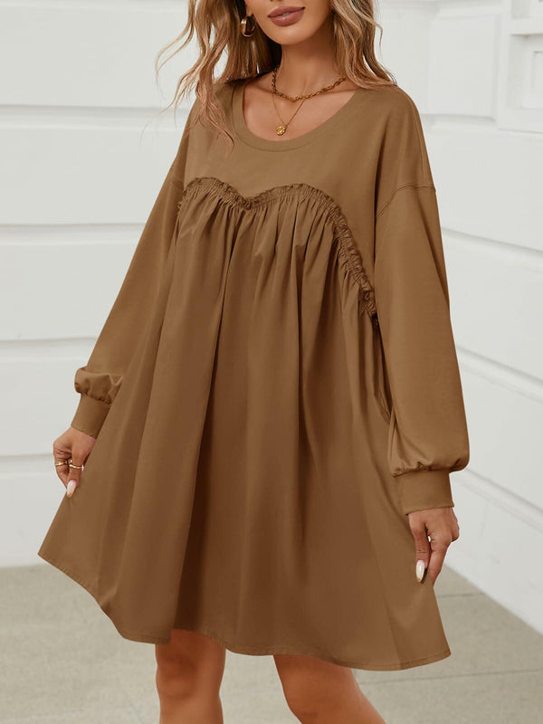Wenrine Womens Long Sleeve Patchwork Sweatshirt Dress Mini Coffee M