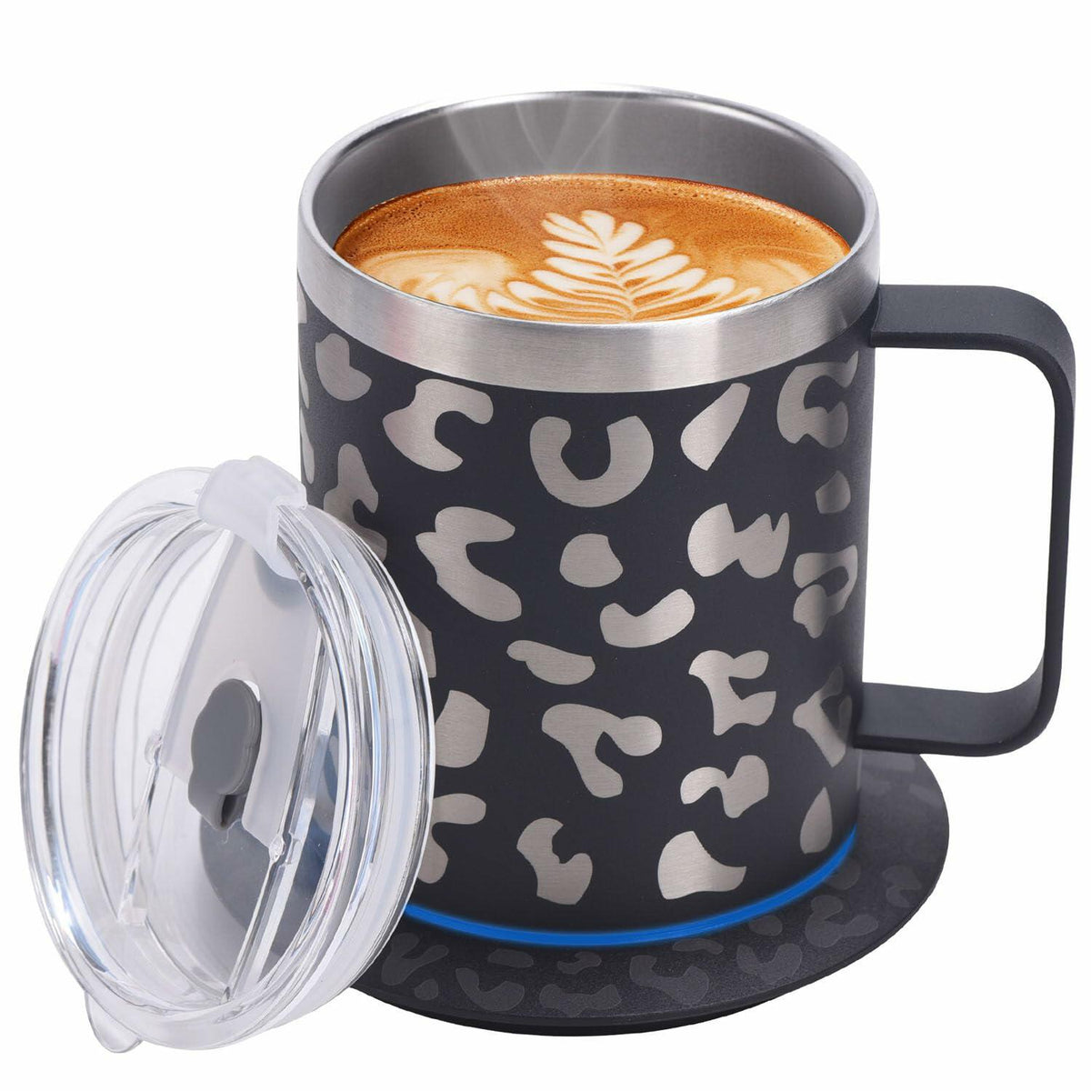 DEQIANG Heated Coffee Mug 12oz USB Powered 304 Stainless Steel Black Leopard