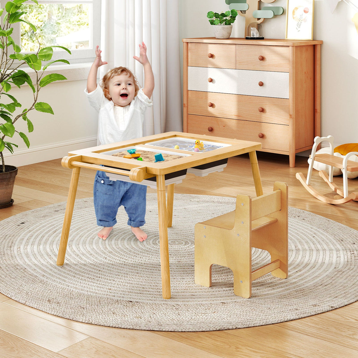 Sensory Table and Chair Set for Kids 2-8 with Foldable Bins-Natural
