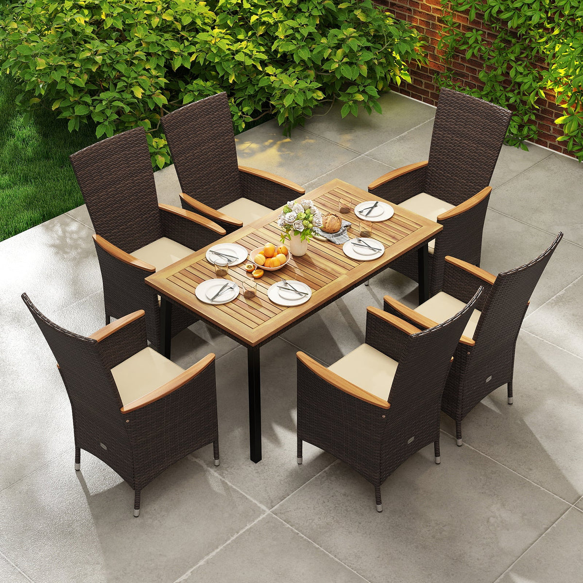 7-Piece Patio Dining Set for 6 with Wicker Chairs & Acacia Table