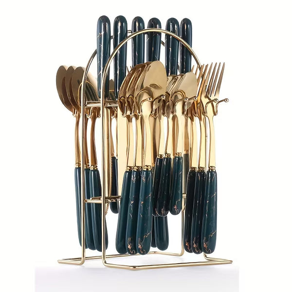 24-Piece Stainless Steel Tableware Set with Short Ceramic Handles – Elegant Dinner Knives & Dessert Spoons for Home, Restaurant & Hotel