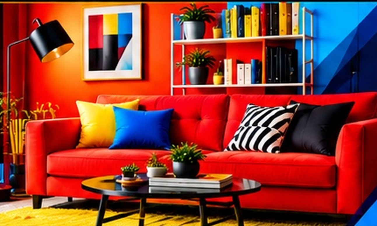 Bright living room with a red sofa and colorful home accents